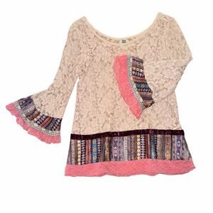 Ivy Jane sheer cream lace long flare sleeve boho blouse top medium romantic